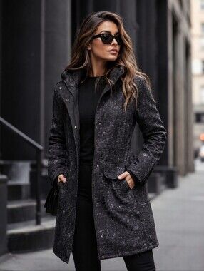 GUESS Hooded Utility Coat Women’s Small Black Gray Snap Front Jacket